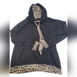 Black with Leopard Print Trim Hoodie